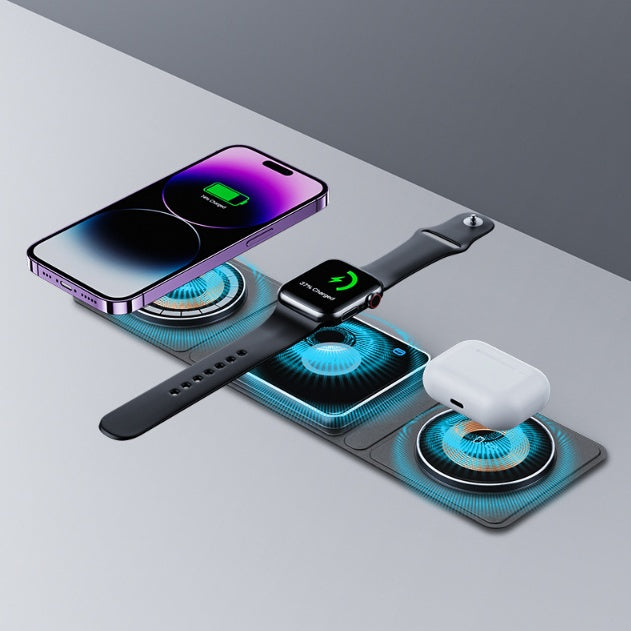 Estación de carga inalámbrica plegable magnética 3 en 1 para iPhone, transparente, carga rápida para iWatch y Airpods.
