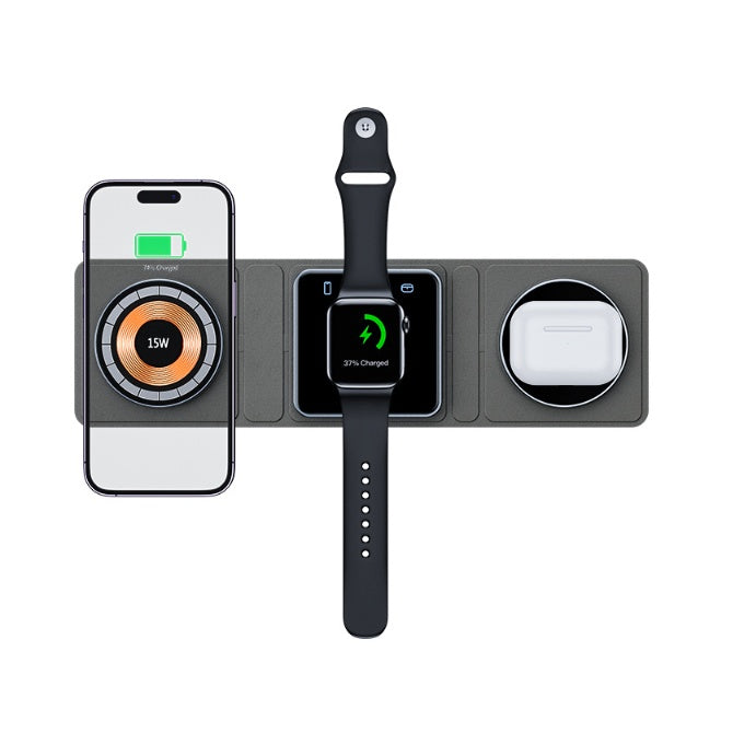 Estación de carga inalámbrica plegable magnética 3 en 1 para iPhone, transparente, carga rápida para iWatch y Airpods.