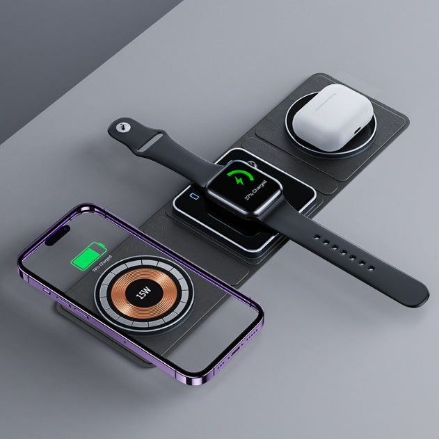 Estación de carga inalámbrica plegable magnética 3 en 1 para iPhone, transparente, carga rápida para iWatch y Airpods.
